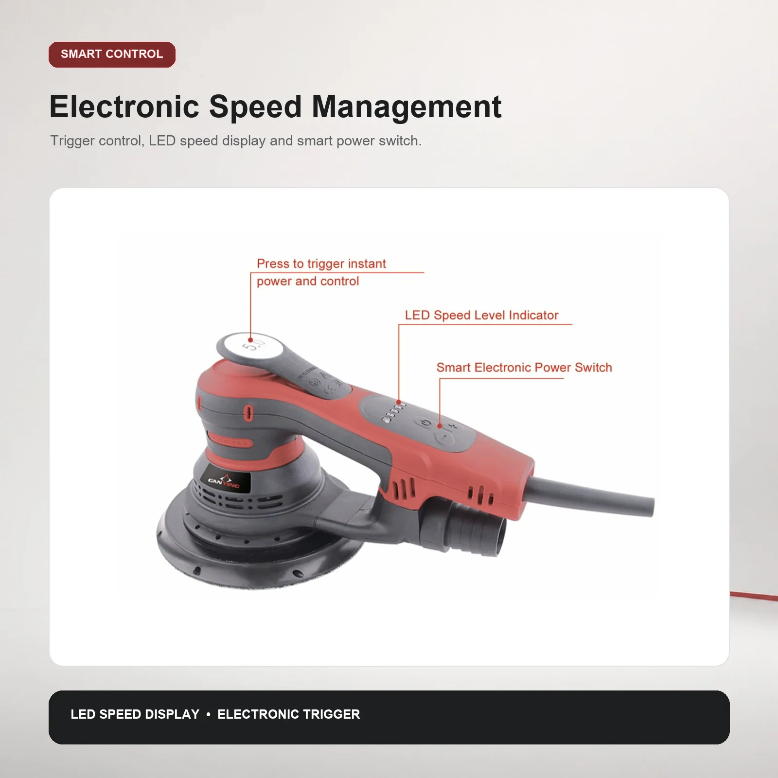 GANXING GX5805 Random Orbital Sander, LED Speed Display, Hall Sensor Switch, Brushless Motor, Dust-Free Sanding product view 3
