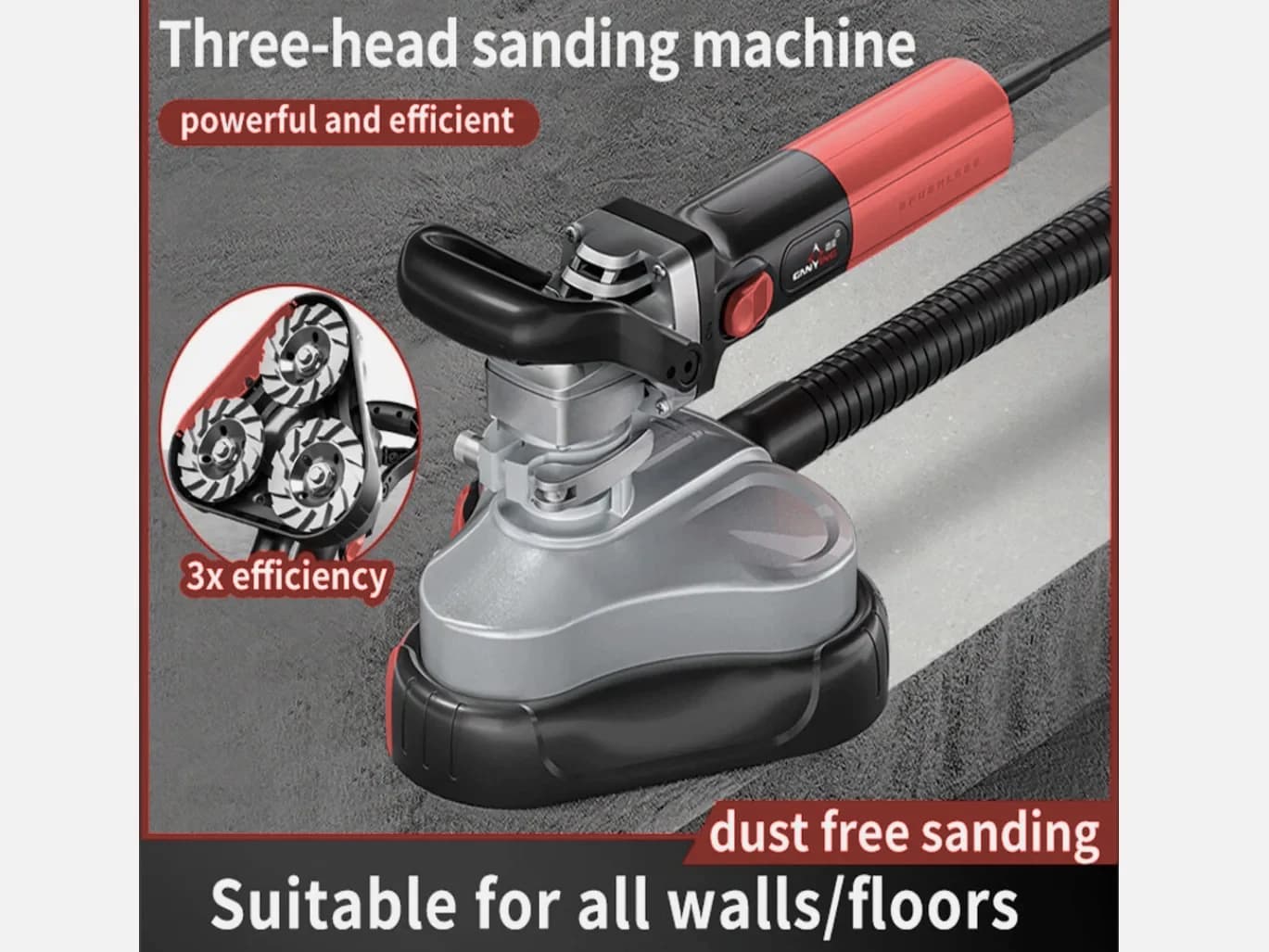 GANXING GX59100-3 Three-Head Concrete Grinder with Six-Speed Precision Control and Efficient Heat Dissipation. The Removable Top Cover Enables Close-to-Edge and Corner Grinding. Compatible with Multiple Grinding Discs for Walls and Floors, with an External Dust-Extraction Port for Vacuum Connection. product view 5