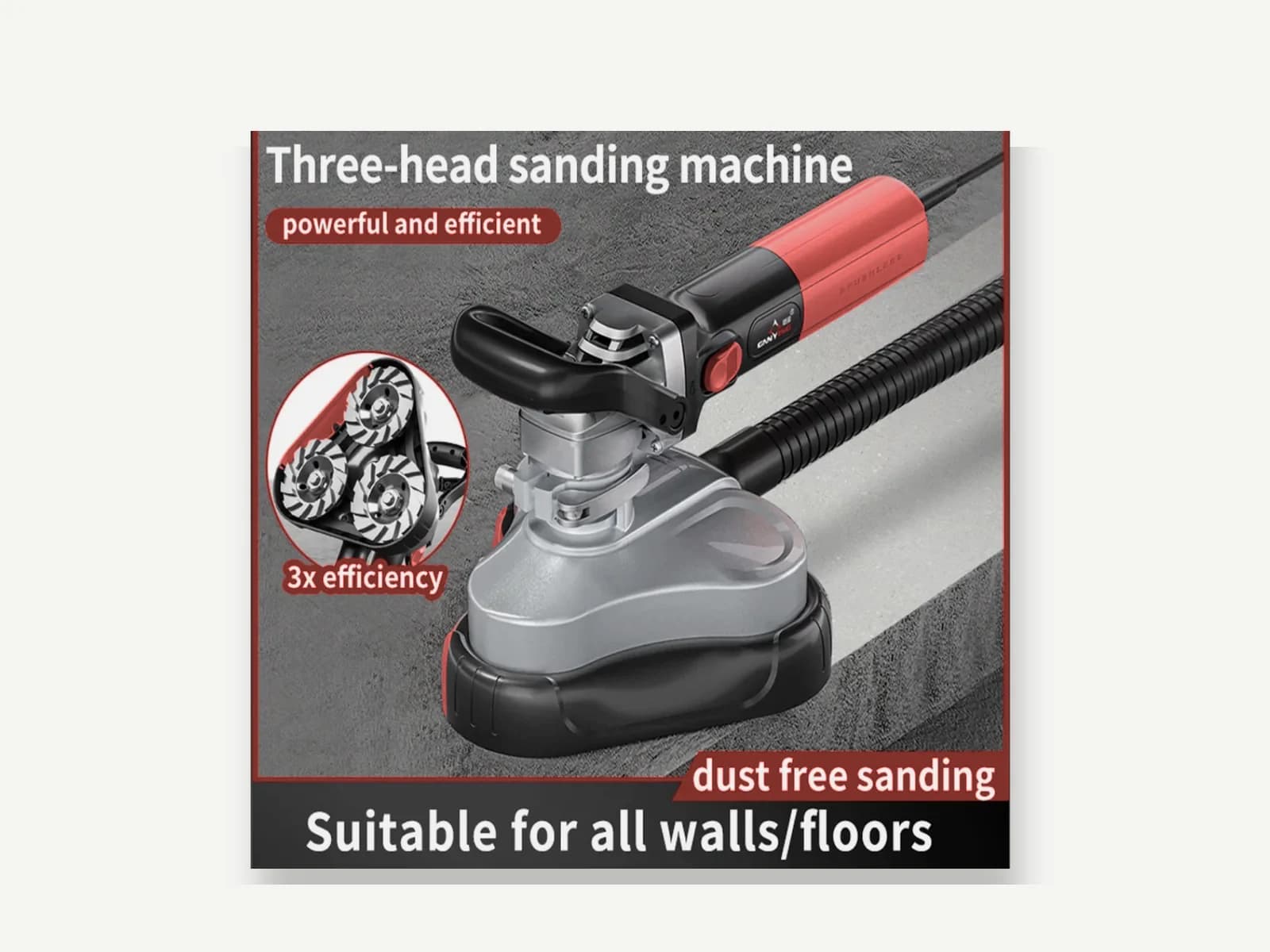 GANXING GX59100-3 Three-Head Concrete Grinder with Six-Speed Precision Control and Efficient Heat Dissipation. The Removable Top Cover Enables Close-to-Edge and Corner Grinding. Compatible with Multiple Grinding Discs for Walls and Floors, with an External Dust-Extraction Port for Vacuum Connection. product view 4