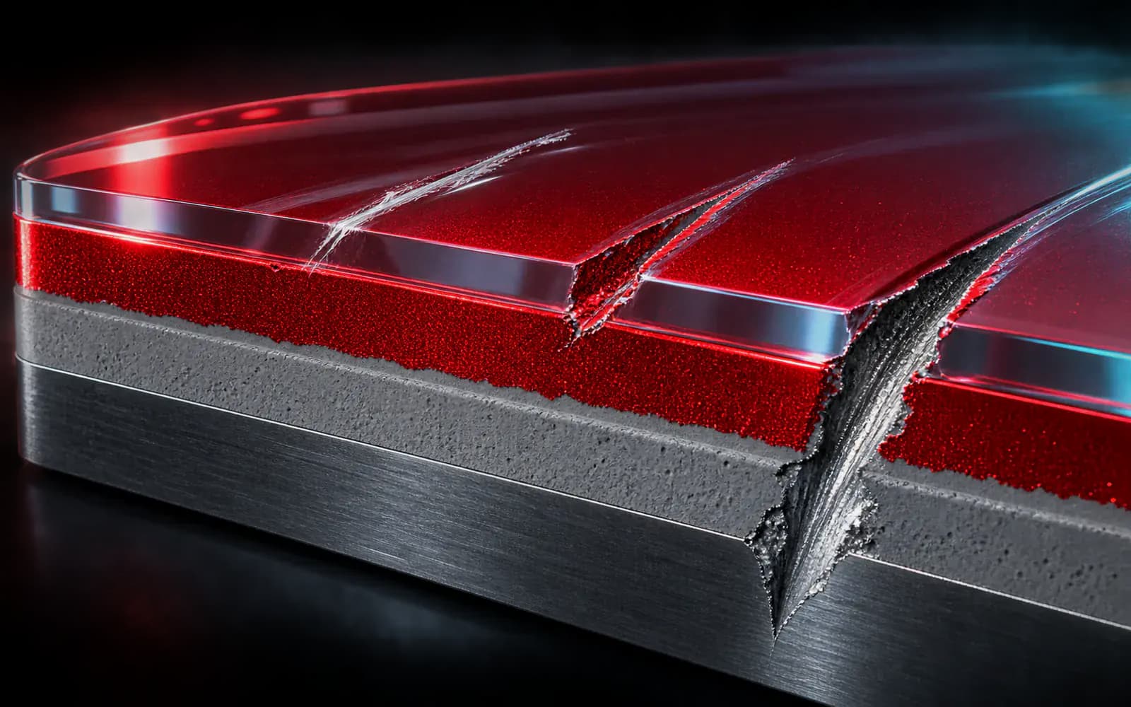 3D cutaway showing automotive clear coat, color coat, primer and three scratch depths
